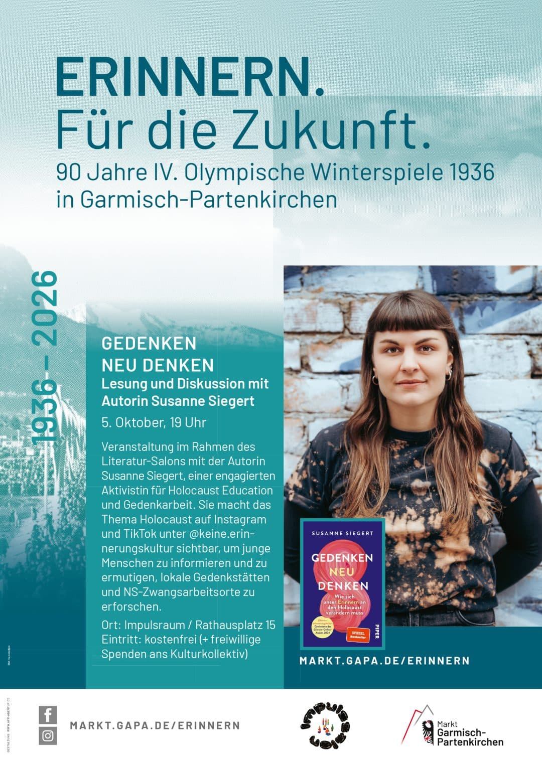 Poster: Gedenken neu denken – reading and discussion with Susanne Siegert on October 5 at Impuls Raum